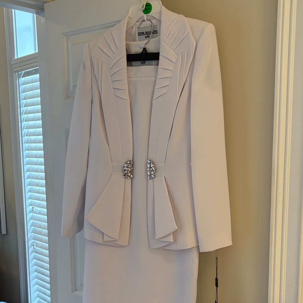 Sophisticated White Skirt Suit with Crystal Details